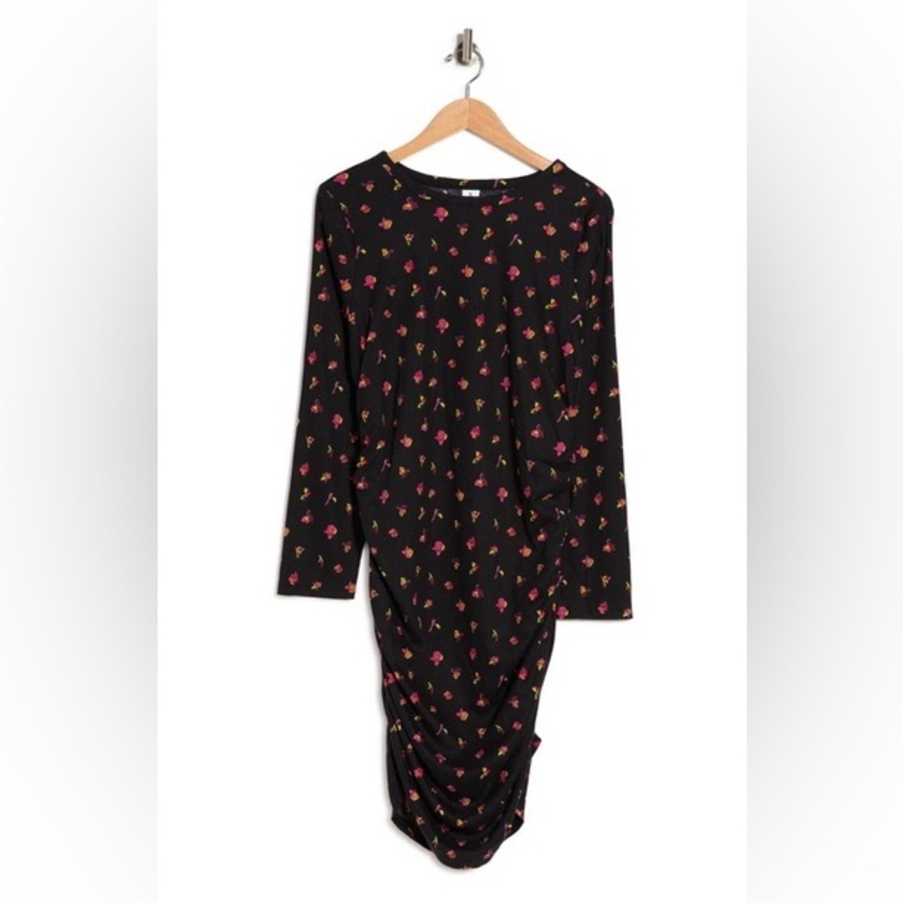 Abound Black Long Sleeve Rouched Dress Red Rose Print